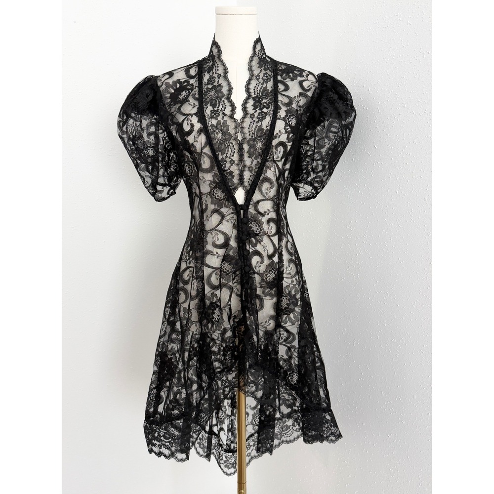 Black Sheer Lace High Low Dress Romantic Goth Whimsigoth Witchy Puff Sleeve XS/S